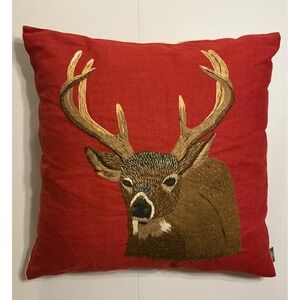 Kuk-May Red Linen Embroidered Deer Buck Throw Pillow Cabin Lodge Decor Square